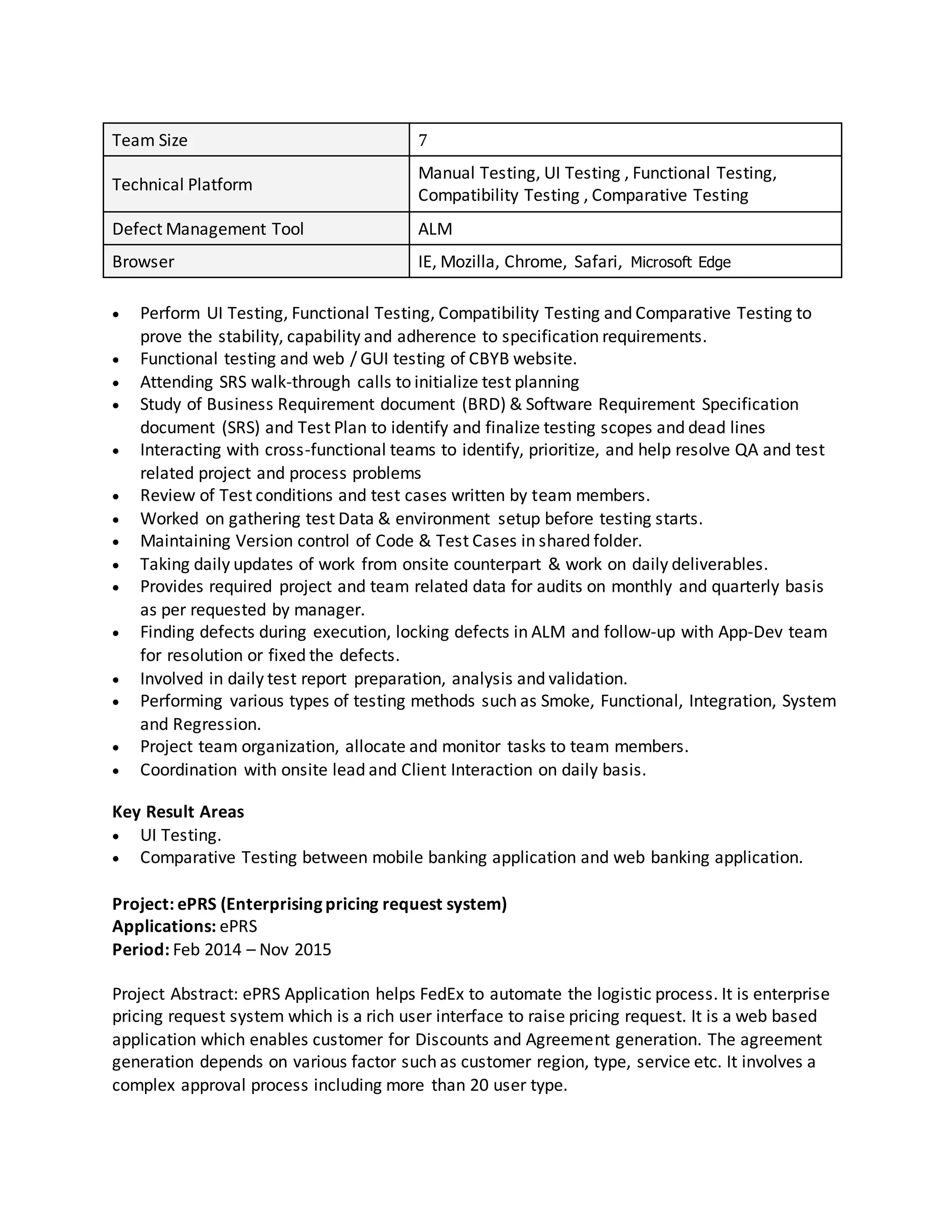 Perform UI Testing, Functional Testing, Compatibility Testing and Comparative Testing to
prove the stability, capability and adherence to specification requirements.
 Functional testing and web / GUI testing of CBYB website.
 Attending SRS walk-through calls to initialize test planning
 Study of Business Requirement document (BRD) & Software Requirement Specification
document (SRS) and Test Plan to identify and finalize testing scopes and dead lines
 Interacting with cross-functional teams to identify, prioritize, and help resolve QA and test
related project and process problems
 Review of Test conditions and test cases written by team members.
 Worked on gathering test Data & environment setup before testing starts.
 Maintaining Version control of Code & Test Cases in shared folder.
 Taking daily updates of work from onsite counterpart & work on daily deliverables.
 Provides required project and team related data for audits on monthly and quarterly basis
as per requested by manager.
 Finding defects during execution, locking defects in ALM and follow-up with App-Dev team
for resolution or fixed the defects.
 Involved in daily test report preparation, analysis and validation.
 Performing various types of testing methods such as Smoke, Functional, Integration, System
and Regression.
 Project team organization, allocate and monitor tasks to team members.
 Coordination with onsite lead and Client Interaction on daily basis.
Key Result Areas
 UI Testing.
 Comparative Testing between mobile banking application and web banking application.
Project: ePRS (Enterprising pricing request system)
Applications: ePRS
Period: Feb 2014 – Nov 2015
Project Abstract: ePRS Application helps FedEx to automate the logistic process. It is enterprise
pricing request system which is a rich user interface to raise pricing request. It is a web based
application which enables customer for Discounts and Agreement generation. The agreement
generation depends on various factor such as customer region, type, service etc. It involves a
complex approval process including more than 20 user type.
Team Size 7
Technical Platform
Manual Testing, UI Testing , Functional Testing,
Compatibility Testing , Comparative Testing
Defect Management Tool ALM
Browser IE, Mozilla, Chrome, Safari, Microsoft Edge
 