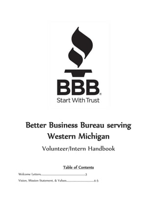 Better Business Bureau serving
Western Michigan
Volunteer/Intern Handbook
Table of Contents
Welcome Letters………………………………………………………………3
Vision, Mission Statement, & Values…..………………………………...4-5
 