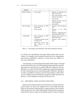 20 solution architecture
Solution + -
mDNS tunneling ◦ Seems simple ◦ Requires to manually con-
ﬁgure participants
◦ Deal with temporary IPv6
addresses of routers
◦ Security ﬂaw
◦ Remote and local services
indistinguishable
◦ Not scalable
State exchange ◦ Takes advantage of DNS
mechanisms
◦ Requires a NAT conﬁgura-
tion
◦ Nicely scalable ◦ Requires to run DNS
servers
◦ Requires a registering pro-
cess to the master router
Public DNS ◦ Takes advantage of DNS
mechanisms
◦ Requires write access on a
public DNS server
◦ Complexity pushed on pub-
lic DNS servers
◦ Requires a NAT conﬁgura-
tion
◦ Discovering router bliss-
fully unaware of the
process
Table 3.1: Advantages and drawbacks of the three proposed solutions.
on a DNS zone. Nevertheless, the public DNS solution still wins the
contest. It is simpler, more oriented towards the zero conﬁguration
goal and the possibility to discover a service from any subnet is a
very nice convenience.
Consequently, we will implement the public DNS solution. Through-
out the rest of this work, we will therefore postulate that the announc-
ing router has write access on a public DNS zone. Moreover, for sim-
pliﬁcation, we will solve the NAT conﬁguration requirement problem
by only considering services advertizing public addresses. Therefore,
to make it possible to announce services from behind a NAT, those
services should announce themselves using IPv6 rather than IPv4 ad-
dresses... as IPv6 adoption is trendy, let’s be part of it!
3.2 security and access policies
Based on the solution chosen for the extension of service discovery
across routers, we must now imagine how we can enable the possi-
bility for the network administrator to apply policies in the network.
From the point of view of the administrator, these policies are general
rules that he wants to apply in the global system in order to restrict
 