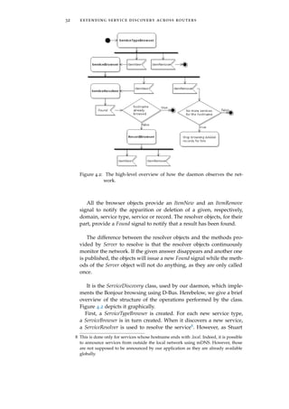 32 extending service discovery across routers
Figure 4.2: The high-level overview of how the daemon observes the net-
work.
All the browser objects provide an ItemNew and an ItemRemove
signal to notify the apparition or deletion of a given, respectively,
domain, service type, service or record. The resolver objects, for their
part, provide a Found signal to notify that a result has been found.
The difference between the resolver objects and the methods pro-
vided by Server to resolve is that the resolver objects continuously
monitor the network. If the given answer disappears and another one
is published, the objects will issue a new Found signal while the meth-
ods of the Server object will not do anything, as they are only called
once.
It is the ServiceDiscovery class, used by our daemon, which imple-
ments the Bonjour browsing using D-Bus. Herebelow, we give a brief
overview of the structure of the operations performed by the class.
Figure 4.2 depicts it graphically.
First, a ServiceTypeBrowser is created. For each new service type,
a ServiceBrowser is in turn created. When it discovers a new service,
a ServiceResolver is used to resolve the service8. However, as Stuart
8 This is done only for services whose hostname ends with .local. Indeed, it is possible
to announce services from outside the local network using mDNS. However, those
are not supposed to be announced by our application as they are already available
globally.
 