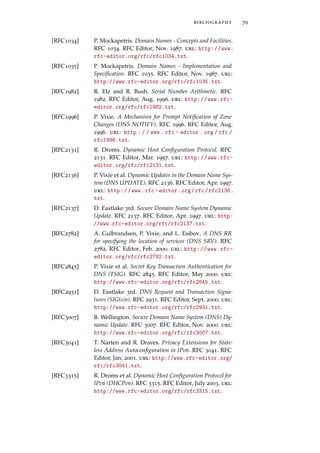 bibliography 79
[RFC1034] P. Mockapetris. Domain Names - Concepts and Facilities.
RFC 1034. RFC Editor, Nov. 1987. url: http://www.
rfc-editor.org/rfc/rfc1034.txt.
[RFC1035] P. Mockapetris. Domain Names - Implementation and
Speciﬁcation. RFC 1035. RFC Editor, Nov. 1987. url:
http://www.rfc-editor.org/rfc/rfc1035.txt.
[RFC1982] R. Elz and R. Bush. Serial Number Arithmetic. RFC
1982. RFC Editor, Aug. 1996. url: http://www.rfc-
editor.org/rfc/rfc1982.txt.
[RFC1996] P. Vixie. A Mechanism for Prompt Notiﬁcation of Zone
Changes (DNS NOTIFY). RFC 1996. RFC Editor, Aug.
1996. url: http : / / www . rfc - editor . org / rfc /
rfc1996.txt.
[RFC2131] R. Droms. Dynamic Host Conﬁguration Protocol. RFC
2131. RFC Editor, Mar. 1997. url: http://www.rfc-
editor.org/rfc/rfc2131.txt.
[RFC2136] P. Vixie et al. Dynamic Updates in the Domain Name Sys-
tem (DNS UPDATE). RFC 2136. RFC Editor, Apr. 1997.
url: http://www.rfc-editor.org/rfc/rfc2136.
txt.
[RFC2137] D. Eastlake 3rd. Secure Domain Name System Dynamic
Update. RFC 2137. RFC Editor, Apr. 1997. url: http:
//www.rfc-editor.org/rfc/rfc2137.txt.
[RFC2782] A. Gulbrandsen, P. Vixie, and L. Esibov. A DNS RR
for specifying the location of services (DNS SRV). RFC
2782. RFC Editor, Feb. 2000. url: http://www.rfc-
editor.org/rfc/rfc2782.txt.
[RFC2845] P. Vixie et al. Secret Key Transaction Authentication for
DNS (TSIG). RFC 2845. RFC Editor, May 2000. url:
http://www.rfc-editor.org/rfc/rfc2845.txt.
[RFC2931] D. Eastlake 3rd. DNS Request and Transaction Signa-
tures (SIG(0)s). RFC 2931. RFC Editor, Sept. 2000. url:
http://www.rfc-editor.org/rfc/rfc2931.txt.
[RFC3007] B. Wellington. Secure Domain Name System (DNS) Dy-
namic Update. RFC 3007. RFC Editor, Nov. 2000. url:
http://www.rfc-editor.org/rfc/rfc3007.txt.
[RFC3041] T. Narten and R. Draves. Privacy Extensions for State-
less Address Autoconﬁguration in IPv6. RFC 3041. RFC
Editor, Jan. 2001. url: http://www.rfc-editor.org/
rfc/rfc3041.txt.
[RFC3315] R. Droms et al. Dynamic Host Conﬁguration Protocol for
IPv6 (DHCPv6). RFC 3315. RFC Editor, July 2003. url:
http://www.rfc-editor.org/rfc/rfc3315.txt.
 