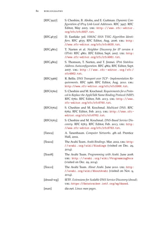 80 bibliography
[RFC3927] S. Cheshire, B. Aboba, and E. Guttman. Dynamic Con-
ﬁguration of IPv4 Link-Local Addresses. RFC 3927. RFC
Editor, May 2005. url: http : / / www . rfc - editor .
org/rfc/rfc3927.txt.
[RFC4635] D. Eastlake 3rd. HMAC SHA TSIG Algorithm Identi-
ﬁers. RFC 4635. RFC Editor, Aug. 2006. url: http :
//www.rfc-editor.org/rfc/rfc4635.txt.
[RFC4861] T. Narten et al. Neighbor Discovery for IP version 6
(IPv6). RFC 4861. RFC Editor, Sept. 2007. url: http:
//www.rfc-editor.org/rfc/rfc4861.txt.
[RFC4862] S. Thomson, T. Narten, and T. Jinmei. IPv6 Stateless
Address Autoconﬁguration. RFC 4862. RFC Editor, Sept.
2007. url: http : / / www . rfc - editor . org / rfc /
rfc4862.txt.
[RFC5966] R. Bellis. DNS Transport over TCP - Implementation Re-
quirements. RFC 5966. RFC Editor, Aug. 2010. url:
http://www.rfc-editor.org/rfc/rfc5966.txt.
[RFC6760] S. Cheshire and M. Krochmal. Requirements for a Proto-
col to Replace the AppleTalk Name Binding Protocol (NBP).
RFC 6760. RFC Editor, Feb. 2013. url: http://www.
rfc-editor.org/rfc/rfc6760.txt.
[RFC6762] S. Cheshire and M. Krochmal. Multicast DNS. RFC
6762. RFC Editor, Feb. 2013. url: http://www.rfc-
editor.org/rfc/rfc6762.txt.
[RFC6763] S. Cheshire and M. Krochmal. DNS-Based Service Dis-
covery. RFC 6763. RFC Editor, Feb. 2013. url: http:
//www.rfc-editor.org/rfc/rfc6763.txt.
[Tan02] A. Tanenbaum. Computer Networks. 4th ed. Prentice
Hall, 2002.
[Tea02] The Avahi Team. Avahi Bindings. Mar. 2002. url: http:
//avahi.org/wiki/Bindings (visited on Dec. 29,
2014).
[Tea08] The Avahi Team. Programming with Avahi. June 2008.
url: http : / / avahi . org / wiki / ProgrammingDocs
(visited on Dec. 29, 2014).
[Tea10] The Avahi Team. About Avahi. June 2010. url: http:
//avahi.org/wiki/AboutAvahi (visited on Nov. 9,
2014).
[dnssd-wg] IETF. Extensions for Scalable DNS Service Discovery (dnssd).
url: https://datatracker.ietf.org/wg/dnssd.
[man] die.net. Linux man pages.
 