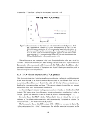 between the TTK and the Lightcycler is discussed in section 5.3.4.
Figure 5.8: Two consecutive on-chip MCA runs with off-chip P.malariae PCR product. Both
MCA runs had Tm values of 70.0 ± 0.1˚C with amplitudes of 1.66 ± 0.05 and
1.58 ± 0.05 units respectively. -dF/dT represents the negative ﬁrst derivative of
ﬂuorescence with respect to temperature. The leading edge of the melting peak
is cut off in the ﬁgure because the on-chip peak appeared at 70˚C instead of the
expected peak at 76˚C obtained on the Lightcycler. The 6˚C offset between the
TTK and the Lightcycler is discussed in section 5.3.4.
The melting curve was considered valid even though its leading edge was cut off be-
cause the Tm value (maximum value of the melting curve) was obtained reproducibly over
2 consecutive MCA experiments with the same off-chip PCR product. In addition, subse-
quent experiments with on-chip PCR products (see ﬁgure 5.9) also gave a melting peak at
approximately the same temperature.
5.2.3 MCA with on-chip P.malariae PCR product
After demonstrating that P.malariae samples prepared on the Lightcycler could be detected
by MCA on the TTK, PCR product from on-chip real time PCR was tested next. The PCR
master mix and conditions were described in table 4.5. On-chip MCA was started imme-
diately after completion of the real time PCR reaction without the need for any manual
intervention steps other than to hit the start button.
As shown in ﬁgure 5.9, a clear melting peak was observed for the on-chip P.malariae PCR
product. This makes sense given that a very strong ampliﬁcation curve (with a Ct value of
19.2 ± 0.3 cycles) was observed for the on-chip PCR product as shown in ﬁgure 4.13.
I repeated the on-chip MCA with the PCR product 3 times to estimate the run-to-run
variation in Tm values across consecutive MCA experiments. I obtained an average Tm
value of 69.1 ± 0.3˚C for the P.malariae PCR product.
The Tm value for the on-chip PCR product (69.1 ± 0.3˚C) was very close to that of the
Lightcycler product (70.0 ± 0.1˚C). This suggests that whether a sample is prepared on the
100
 
