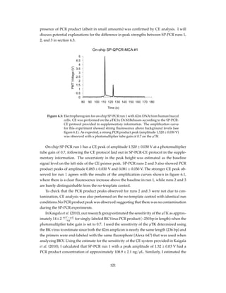 presence of PCR product (albeit in small amounts) was conﬁrmed by CE analysis. I will
discuss potential explanations for the difference in peak strengths between SP-PCR runs 1,
2, and 3 in section 6.3.
Figure 6.3: Electropherogram for on-chip SP-PCR run 1 with ß2m DNA from human buccal
cells. CE was performed on the µTK by Dr.M.Behnam according to the SP-PCR-
CE protocol provided in supplementary information. The ampliﬁcation curve
for this experiment showed strong ﬂuorescence above background levels (see
ﬁgure 6.1). As expected, a strong PCR product peak (amplitude 1.520 ± 0.030 V)
was observed with a photomultiplier tube gain of 0.7 on the µTK
On-chip SP-PCR run 1 has a CE peak of amplitude 1.520 ± 0.030 V at a photomultiplier
tube gain of 0.7, following the CE protocol laid out in SP-PCR-CE protocol in the supple-
mentary information. The uncertainty in the peak height was estimated as the baseline
signal level on the left side of the CE primer peak. SP-PCR runs 2 and 3 also showed PCR
product peaks of amplitude 0.083 ± 0.030 V and 0.081 ± 0.030 V. The stronger CE peak ob-
served for run 1 agrees with the results of the ampliﬁcation curves shown in ﬁgure 6.1,
where there is a clear ﬂuorescence increase above the baseline in run 1, while runs 2 and 3
are barely distinguishable from the no-template control.
To check that the PCR product peaks observed for runs 2 and 3 were not due to con-
tamination, CE analysis was also performed on the no-template control with identical run
conditions.No PCR product peak was observed suggesting that there was no contamination
during the SP-PCR experiments.
In Kaigala et al. (2010), our research group estimated the sensitivity of the µTK as approx-
imately 14 ± 2 mV −µL
ng for singly-labeled BK Virus PCR product (~250 bp in length) when the
photomultiplier tube gain is set to 0.7. I used the sensitivity of the µTK determined using
the BK virus to estimate since both the ß2m amplicon is nearly the same length (236 bp) and
the primers were end-labeled with the same ﬂuorophore (Alexa 647) that was used when
analyzing BKV. Using the estimate for the sensitivity of the CE system provided in Kaigala
et al. (2010), I calculated that SP-PCR run 1 with a peak amplitude of 1.52 ± 0.03 V had a
PCR product concentration of approximately 108.9 ± 2.1 ng/µL. Similarly, I estimated the
121
 
