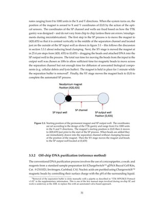nates ranging from 0 to 1000 units in the X and Y directions. When the system turns on, the
position of the magnet is zeroed to X and Y coordinates of (0,0) by the action of the opti-
cal sensors. The coordinates of the SP channel and wells are ﬁxed based on how the TTK
gantry was designed – and do not vary from chip to chip (unless there are errors/misalign-
ments during microfabrication). The ﬁrst step in the SP process is to move the magnet to
(420,435) so that it is centred vertically in the middle of the separation channel and located
just on the outside of the SP input well as shown in ﬁgure 3.1 – this follows the discussion
in section 3.3.1 about reducing bead clumping. Next, the XY stage is moved the magnet at
in 25.4 µm steps from (420, 435) to (0,435) – dragging the beads and attached DNA into the
SP output well in the process. The total run time for moving the beads from the input to the
output well was chosen as 100s to allow sufﬁcient time for magnetic beads to move across
the separation channel but not enough time for diffusion of unwanted biological compo-
nents (e.g. cellular debris and lysis buffer). The magnet is held in place for 1 minute while
the separation buffer is removed6
. Finally, the XY stage moves the magnet back to (0,0) to
complete the automated SP process.
Figure 3.1: Starting position of the permanent magnet and SP output well. The coordinates
are set according to the design of the TTK gantry and range from 0 to 1000 units
in the X and Y directions. The magnet’s starting position is (0,0) then it moves
to (420,435) just prior to the start of the SP process. When beads are added they
are immediately drawn into the separation channel without clumping because
of the position of the magnet. Then the XY stage moves the magnet and beads
to the SP output well located at (0,435)
3.3.2 Off-chip DNA puriﬁcation (reference method)
The conventional DNA puriﬁcation process involves the use of a micropipetter, a swab, and
reagents from a standard sample preparation kit (ChargeSwitch™ gDNA Buccal Cell Kits,
Cat. # CS11021, Invitrogen, Carlsbad, CA). Nucleic acids are puriﬁed using Chargeswitch™
magnetic beads by controlling their surface charge with the pH of the surrounding liquid.
6Removal of the separation buffer is done manually with a pipette as described in “TTK SPPCRCE Protocol
v1.02” in the supplementary information. This is one of the few manual steps involved during on-chip SP, and
work is underway at the AML to replace this with an automated valve-based approach.
31
 
