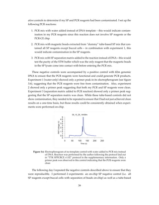ative controls to determine if my SP and PCR reagents had been contaminated. I set up the
following PCR reactions:
1. PCR mix with water added instead of DNA template – this would indicate contam-
ination in my PCR reagents since this reaction does not involve SP reagents or the
PCR-CE chip.
2. PCR mix with magnetic beads extracted from “dummy” tube-based SP mix that con-
tained all SP reagents except buccal cells – in combination with experiment 1, this
would indicate contamination in the SP reagents.
3. PCR mix with SP separation matrix added to the reaction instead of DNA – this would
test the purity of the STW buffer which was the only reagent that the magnetic beads
in the SP lysate come into contact with before entering the PCR mix.
These negative controls were accompanied by a positive control with ß2m genomic
DNA to ensure that the PCR reagents were functional and could generate PCR products.
Experiment 1 (water-only) showed only a primer peak in its electropherogram (see ﬁgure
3.6), suggesting that the PCR reagents were free from contamination. Also, experiment
2 showed only a primer peak suggesting that both my PCR and SP reagents were clean.
Experiment 3 (separation matrix added to PCR reaction) showed only a primer peak sug-
gesting that the SP separation matrix was clean. While these tube-based controls did not
show contamination, they needed to be repeated to ensure that I had not just achieved clean
results on a one-time basis, but those results could be consistently obtained when experi-
ments were performed on-chip.
Figure 3.6: Electropherogram of no-template control with water added to PCR mix instead
of DNA. Reaction was performed by the author following the protocol laid out
in “TTK SPPCRCE v1.02” protocol in the supplementary information. Only a
primer peak was observed in this control indicating that the PCR reagents were
clean
The following day I repeated the negative controls described above to ensure that they
were reproducible. I performed 2 experiments: an on-chip SP negative control (i.e. all
SP reagents except buccal cells with separation of beads on-chip) as well as a tube-based
39
 