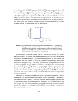 no-template control with PCR reagents to check that PCR reagents were still clean. This
time around the no-template control showed a small PCR product peak in addition to the
primer peak (see ﬁgure 3.7) – indicating the presence of contaminants in the PCR reagents.
Although this experiment was performed with exactly the same protocol as the clean runs
in ﬁgure 3.6, there is obvious contamination in this experiment. In addition, the negative
control where magnetic beads (without buccal cells) were extracted on-chip also showed a
PCR product peak. This suggested that there might be contamination from the microchip
surface in addition to contamination from the PCR reagents.
Figure 3.7: Electropherogram of tube-based no-template control with PCR reagents only.
The experiment was a repeat run following the same protocol as in ﬁgure 3.6 and
was carried out to check that I could consistently obtain clean negative controls.
The presence of a PCR product peak (just after 150 s) in this no-template control
indicates that the PCR reagents were contaminated
Since tube-based no-template controls with PCR reagents only showed PCR product
peaks (see ﬁgure 3.7), I was able to rule out the microchip surface as the source of contamina-
tion observed in these experiments. This experiment suggested that the PCR reagents were
contaminated with ß2m DNA in the MDG lab. I discarded my aliquots of PCR reagents
and obtained new supply from a fresh stock. The presence of contamination even in con-
ventional no-template controls suggested that there was a high level of contamination in
the work area. To alleviate this problem, our research group embarked on an extensive lab
cleanup – wiping down all bench surfaces with bleach, detergent, and alcohol in an effort
to remove the contaminants. This was especially important because ß2m DNA is present in
human skin cells; hence, even ﬂakes of skin present in the lab environment could potentially
lead to false positives.
In addition, we modiﬁed our protocols to require a no-template control and a positive
control along with every experiment performed in the lab. Subsequently, I performed 12
more negative controls – of which 5 showed PCR product peaks in their electropherograms.
To rule out user error or handling issues, other members of the MDG lab performed neg-
ative controls with ß2m DNA but they also saw PCR product peaks in their no-template
controls. This suggested that wiping down the MDG lab was not sufﬁcient to eliminate the
ß2m contamination observed.
40
 