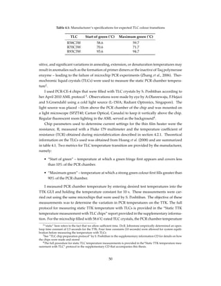 Table 4.1: Manufacturer’s speciﬁcations for expected TLC colour transitions
TLC Start of green (˚C) Maximum green (˚C)
R58C3W 58.6 59.7
R70C3W 70.6 71.7
R93C3W 93.6 94.7
sitive, and signiﬁcant variations in annealing, extension, or denaturation temperatures may
result in anomalies such as the formation of primer dimers or the inactive of Taq polymerase
enzyme – leading to the failure of microchip PCR experiments (Zhang et al., 2006). Ther-
mochromic liquid crystals (TLCs) were used to measure the static PCR chamber tempera-
ture2
.
I used PCR-CE-4 chips that were ﬁlled with TLC crystals by S. Poshtiban according to
her April 2010 AML protocol 3
. Observations were made by eye by A.Olanrewaju, F.Hejazi
and S.Groendahl using a cold light source (L-150A; Radiant Optronics, Singapore). The
light source was placed ~10cm above the PCR chamber of the chip and was mounted on
a light microscope (SPZT40; Carton Optical, Canada) to keep it vertically above the chip.
Regular ﬂuorescent room lighting in the AML served as the background4
.
Chip parameters used to determine current settings for the thin ﬁlm heater were the
resistance, R, measured with a Fluke 179 multimeter and the temperature coefﬁcient of
resistance (TCR) obtained during microfabrication described in section 4.2.1. Theoretical
information on the TLCs used was obtained from Hoang et al. (2008) and are summarized
in table 4.1. Two metrics for TLC temperature transition are provided by the manufacturer,
namely:
• “Start of green” – temperature at which a green fringe ﬁrst appears and covers less
than 10% of the PCR chamber.
• “Maximum green” – temperature at which a strong green colour ﬁrst ﬁlls greater than
90% of the PCR chamber.
I measured PCR chamber temperature by entering desired test temperatures into the
TTK GUI and holding the temperature constant for 10 s. These measurements were car-
ried out using the same microchips that were used by S. Poshtiban. The objective of these
measurements was to determine the variation in PCR temperatures on the TTK. The full
protocol for measuring static TTK temperature with TLCs is provided in the “Static TTK
temperature measurement with TLC chips” report provided in the supplementary informa-
tion. For the microchip ﬁlled with 58.6˚C-rated TLC crystals, the PCR chamber temperature
2“static” here refers to the fact that we allow sufﬁcient time. Dr.R. Johnstone empirically determined an open-
loop time constant of 2.5 seconds for the TTK. Four time constants (10 seconds) were allowed for system equili-
bration before measuring the temperature with TLCs
3See “TLC chip preparation protocol” by S. Poshtiban in the supplementary information CD for details on how
the chips were made and stored
4The full procedure for static TLC temperature measurements is provided in the“Static TTK temperature mea-
surement with TLC” protocol in the supplementary CD that accompanies this thesis.
50
 
