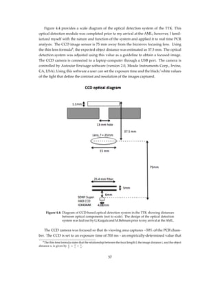 Figure 4.4 provides a scale diagram of the optical detection system of the TTK. This
optical detection module was completed prior to my arrival at the AML; however, I famil-
iarized myself with the nature and function of the system and applied it to real time PCR
analysis. The CCD image sensor is 75 mm away from the biconvex focusing lens. Using
the thin lens formula8
, the expected object distance was estimated as 37.5 mm. The optical
detection system was adjusted using this value as a guideline to obtain a focused image.
The CCD camera is connected to a laptop computer through a USB port. The camera is
controlled by Autostar Envisage software (version 2.0, Meade Instruments Corp., Irvine,
CA, USA). Using this software a user can set the exposure time and the black/white values
of the light that deﬁne the contrast and resolution of the images captured.
Figure 4.4: Diagram of CCD-based optical detection system in the TTK showing distances
between optical components (not to scale). The design of the optical detection
system was laid out by G.Kaigala and M.Behnam prior to my arrival at theAML.
The CCD camera was focused so that its viewing area captures ~50% of the PCR cham-
ber. The CCD is set to an exposure time of 700 ms - an empirically-determined value that
8The thin lens formula states that the relationship between the focal length f, the image distance i, and the object
distance o, is given by 1
f
= 1
i
+ 1
o
.
57
 