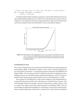 # s u b t r a c t min_value from a l l v a l u e s a f t e r min_index to remove b a s e l i n e
for i in range ( min_index , size ( data ) ) :
data [ i ] −= min_value
Using this simple baseline subtraction approach, I removed the initial ﬂuorescence de-
cline and plotted the ampliﬁcation curve with a focus on the ﬂuorescence increase as shown
in ﬁgure 4.11. This allowed examination of important features of the real time PCR reaction
such as the calculation of the cycle threshold (Ct value) as described in chapter 1.
Figure 4.11: The baseline of the ampliﬁcation curve was removed as described in section
4.3.2, to remove the initial ﬂuorescence decline that is also observed in con-
ventional systems using a simple minimum-subtraction technique described
by Rutledge (2004).
Calculating the Ct value
The Ct value is deﬁned as the cycle at which real time PCR ﬂuorescence exceeds background
levels (Mackay, 2004). As described in chapter 1, the Ct value is directly proportional to
the starting DNA concentration – an important parameter in diagnostic tests (Wilhelm and
Pingoud, 2003). A low numerical value for Ct indicates early onset of ampliﬁcation above
background levels. For two PCR reactions with the same efﬁciency, a lower Ct value cor-
responds with a larger starting amount of DNA and vice-versa (Gudnason et al., 2007).
One approach to calculating the Ct value involves deﬁning a noise threshold that en-
compasses the ﬂuorescence from cycles where there is no clear ﬂuorescence increase. This
noise threshold usually also includes a measure of ﬂuorescence variation within a cycle
as a result of the signal to noise ratio of the instrument in use (Mackay, 2004). There are
several different mathematical algorithms for calculating Ct values (many of them propri-
etary), and these differences can also lead to variations in Ct values between instruments
77
 