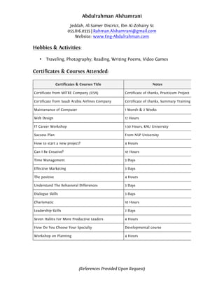 Abdulrahman Alshamrani
Jeddah, Al-Samer District, Ibn Al-Zohairy St
055.816.0335 | Rahman.Alshamrani@gmail.com
Website: www.Eng-Abdulrahman.com
(References Provided Upon Request)
Hobbies & Activities:
• Traveling, Photography, Reading, Writing Poems, Video Games
Certificates & Courses Attended:
NotesCertificates & Courses Title
Certificate of thanks, Practicum ProjectCertificate from MITRE Company (USA)
Certificate of thanks, Summary TrainingCertificate from Saudi Arabia Airlines Company
1 Month & 2 WeeksMaintenance of Computer
12 HoursWeb Design
1:30 Hours, KAU UniversityIT Career Workshop
From NLP UniversitySuccess Plan
4 HoursHow to start a new project?
10 HoursCan I Be Creative?
3 DaysTime Management
3 DaysEffective Marketing
4 HoursThe positive
3 DaysUnderstand The Behavioral Differences
3 DaysDialogue Skills
10 HoursCharismatic
2 DaysLeadership Skills
4 HoursSeven Habits For More Productive Leaders
Developmental courseHow Do You Choose Your Specialty
4 HoursWorkshop on Planning
 