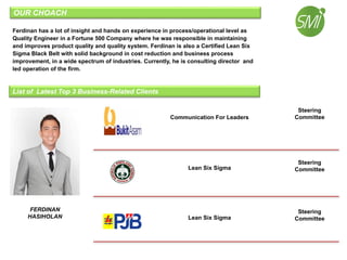 Ferdinan has a lot of insight and hands on experience in process/operational level as
Quality Engineer in a Fortune 500 Company where he was responsible in maintaining
and improves product quality and quality system. Ferdinan is also a Certified Lean Six
Sigma Black Belt with solid background in cost reduction and business process
improvement, in a wide spectrum of industries. Currently, he is consulting director and
led operation of the firm.
FERDINAN
HASIHOLAN
OUR CHOACH
List of Latest Top 3 Business-Related Clients
Communication For Leaders
Lean Six Sigma
Lean Six Sigma
Steering
Committee
Steering
Committee
Steering
Committee
 