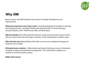 Several reasons why SMI should be your partner in People Development and
Improvement:
Extensive experience more than 5 years in providing Operational Excellence coaching
and training services, including PT.Bukit Asam (Persero).Tbk, PT. Semen Baturaja,
Garuda Indonesia, PJB , PLN (Persero), BNI, and Many More
Result oriented. We understand that what you really need is business result, which is
why our diverse team has one thing in common: the burning desires to deliver result.
Our full time team (Black Belts) will be able to ensure you complete this project on
schedule and on target.
Comprehensive solutions – SMI provide coaching and training services as framework,
including strategic and operational management. This combination enables us to
provide an accurate business advice.
After Sales Service
Why SMI
 