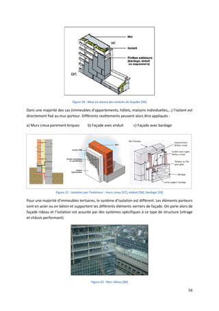 56
Figure 20 : Mise en œuvre des isolants de façades [50]
Dans une majorité des cas (immeubles d’appartements, hôtels, maisons individuelles,…) l’isolant est
directement fixé au mur porteur. Différents revêtements peuvent alors être appliqués :
a) Murs creux parement briques b) Façade avec enduit c) Façade avec bardage
Figure 21 : Isolation par l’extérieur : murs creux [57], enduit [58], bardage [59]
Pour une majorité d’immeubles tertiaires, le système d’isolation est différent. Les éléments porteurs
sont en acier ou en béton et supportent les différents éléments verriers de façade. On parle alors de
façade rideau et l’isolation est assurée par des systèmes spécifiques à ce type de structure (vitrage
et châssis performant).
Figure 22 : Mur rideau [60]
 