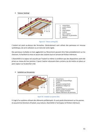 61
 Toiture ‘Sarking’
Figure 31 : Toiture sarking [61]
L’isolant est posé au-dessus des fermettes. Généralement sont utilisés des panneaux en mousse
synthétique, de verre cellulaire ou en laine de roche rigide.
Des panneaux multiplex en bois aggloméré ou fibrociment peuvent être fixés préalablement sur les
chevrons. Ils facilitent la mise en œuvre des isolants tout en servant de finition intérieure.
L’étanchéité à la vapeur est assurée par l’isolant lui-même à condition que des dispositions aient été
prises au niveau de leur jonction. Il peut s’avérer nécessaire dans certains cas de mettre en place un
pare-vapeur sur le plancher créé.
 Isolation sur les pannes
Figure 32 : Isolation sur pannes [61]
Il s’agit d’un système utilisant des éléments préfabriqués. Ils sont posés directement sur les pannes
et assurent les fonctions d’isolant, sous toiture, étanchéité à l’air/vapeur et finition intérieure.
1. couverture
2. contre-lattes
3. lattes
4. sous-toiture
5. isolant
6. pare-vapeur
7. chevrons ou fermettes
8. pannes
1. Couverture.
2. Languette d'assemblage.
3. Lattes.
4. Panneau autoportant.
5. Raidisseur intégré au
panneau.
6. Isolant intégré au panneau.
7. Pare-vapeur éventuel.
8. Plaque inférieure du panneau.
9. Panne.
 
