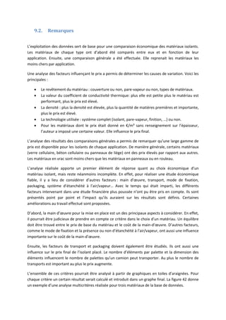 9.2. Remarques
L’exploitation des données sert de base pour une comparaison économique des matériaux isolants.
Les matériaux de chaque type ont d’abord été comparés entre eux et en fonction de leur
application. Ensuite, une comparaison générale a été effectuée. Elle reprenait les matériaux les
moins chers par application.
Une analyse des facteurs influençant le prix a permis de déterminer les causes de variation. Voici les
principales :
 Le revêtement du matériau : couverture ou non, pare-vapeur ou non, types de matériaux.
 La valeur du coefficient de conductivité thermique: plus elle est petite plus le matériau est
performant, plus le prix est élevé.
 La densité : plus la densité est élevée, plus la quantité de matières premières et importante,
plus le prix est élevé.
 La technologie utilisée : système complet (isolant, pare-vapeur, finition, …) ou non.
 Pour les matériaux dont le prix était donné en €/m³ sans renseignement sur l’épaisseur,
l’auteur a imposé une certaine valeur. Elle influence le prix final.
L’analyse des résultats des comparaisons générales a permis de remarquer qu’une large gamme de
prix est disponible pour les isolants de chaque application. De manière générale, certains matériaux
(verre cellulaire, béton cellulaire ou panneaux de liège) ont des prix élevés par rapport aux autres.
Les matériaux en vrac sont moins chers que les matériaux en panneaux ou en rouleau.
L’analyse réalisée apporte un premier élément de réponse quant au choix économique d’un
matériau isolant, mais reste néanmoins incomplète. En effet, pour réaliser une étude économique
fiable, il y a lieu de considérer d’autres facteurs : main d’œuvre, transport, mode de fixation,
packaging, système d’étanchéité à l’air/vapeur… Avec le temps qui était imparti, les différents
facteurs intervenant dans une étude financière plus poussée n’ont pu être pris en compte. Ils sont
présentés point par point et l’impact qu’ils auraient sur les résultats sont définis. Certaines
améliorations au travail effectué sont proposées.
D’abord, la main d’œuvre pour la mise en place est un des principaux aspects à considérer. En effet,
il pourrait être judicieux de prendre en compte ce critère dans le choix d’un matériau. Un équilibre
doit être trouvé entre le prix de base du matériau et le coût de la main-d’œuvre. D’autres facteurs,
comme le mode de fixation et la présence ou non d’étanchéité à l’air/vapeur, ont aussi une influence
importante sur le coût de la main-d’œuvre.
Ensuite, les facteurs de transport et packaging doivent également être étudiés. Ils ont aussi une
influence sur le prix final de l’isolant placé. Le nombre d’éléments par palette et la dimension des
éléments influencent le nombre de palettes qu’un camion peut transporter. Au plus le nombre de
transports est important au plus le prix augmente.
L’ensemble de ces critères pourrait être analysé à partir de graphiques en toiles d’araignées. Pour
chaque critère un certain résultat serait calculé et introduit dans un graphe final. La figure 42 donne
un exemple d’une analyse multicritères réalisée pour trois matériaux de la base de données.
 