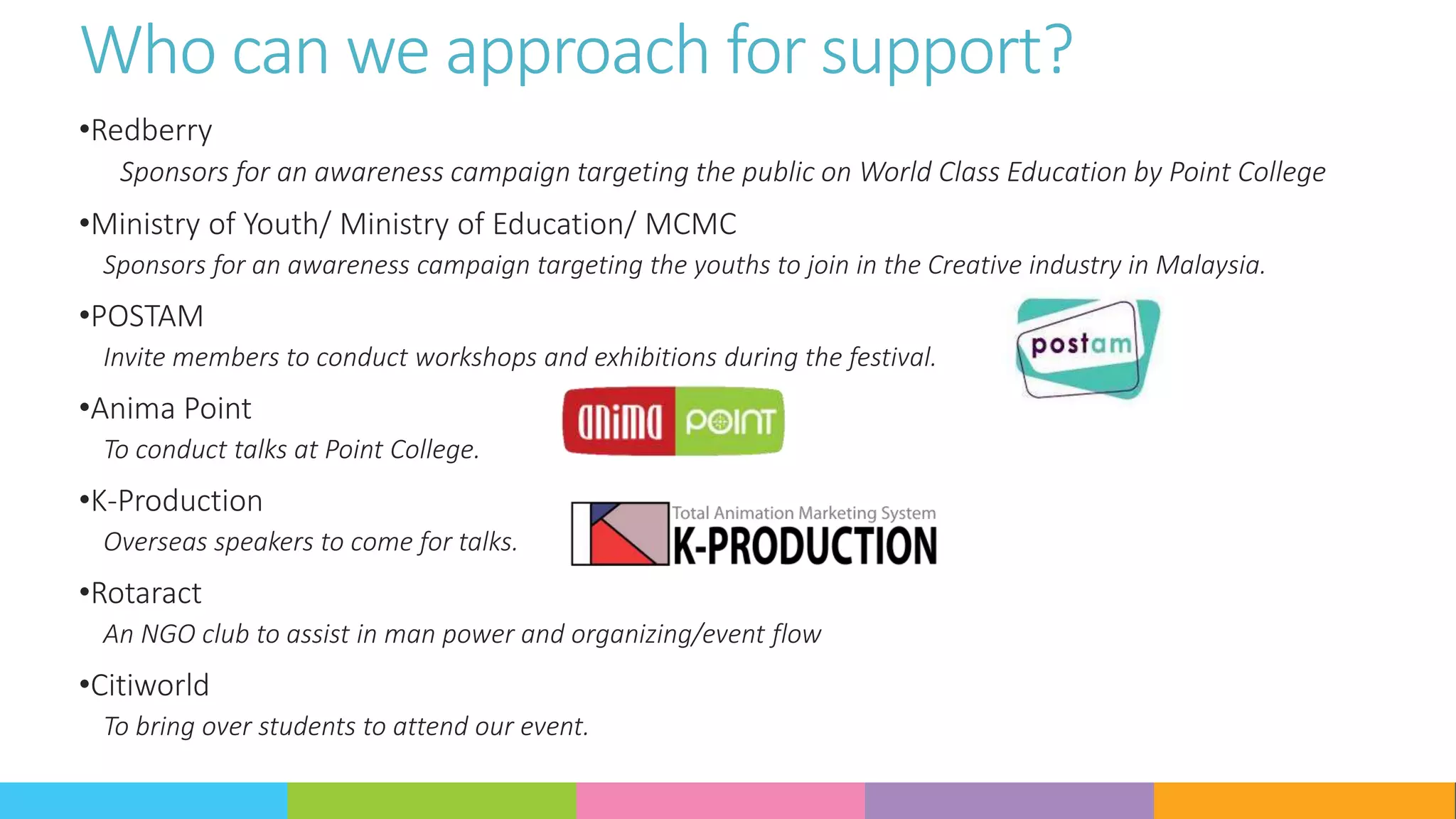 Who can we approach for support?
•Redberry
Sponsors for an awareness campaign targeting the public on World Class Education by Point College
•Ministry of Youth/ Ministry of Education/ MCMC
Sponsors for an awareness campaign targeting the youths to join in the Creative industry in Malaysia.
•POSTAM
Invite members to conduct workshops and exhibitions during the festival.
•Anima Point
To conduct talks at Point College.
•K-Production
Overseas speakers to come for talks.
•Rotaract
An NGO club to assist in man power and organizing/event flow
•Citiworld
To bring over students to attend our event.
 
