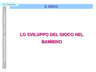 Psicologia dello Sviluppo - Prof. P. Perucchini

11a Lezione

IL GIOCO

LO SVILUPPO DEL GIOCO NEL
BAMBINO

 
