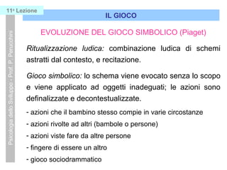 Psicologia dello Sviluppo - Prof. P. Perucchini

11a Lezione

IL GIOCO

EVOLUZIONE DEL GIOCO SIMBOLICO (Piaget)
Ritualizzazione ludica: combinazione ludica di schemi
astratti dal contesto, e recitazione.
Gioco simbolico: lo schema viene evocato senza lo scopo
e viene applicato ad oggetti inadeguati; le azioni sono
definalizzate e decontestualizzate.
- azioni che il bambino stesso compie in varie circostanze
- azioni rivolte ad altri (bambole o persone)
- azioni viste fare da altre persone
- fingere di essere un altro
- gioco sociodrammatico

 
