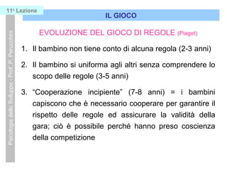 Psicologia dello Sviluppo - Prof. P. Perucchini

11a Lezione

IL GIOCO

EVOLUZIONE DEL GIOCO DI REGOLE

(Piaget)

1. Il bambino non tiene conto di alcuna regola (2-3 anni)
2. Il bambino si uniforma agli altri senza comprendere lo
scopo delle regole (3-5 anni)
3. Cooperazione incipiente (7-8 anni) = i bambini
capiscono che  necessario cooperare per garantire il
rispetto delle regole ed assicurare la validit della
gara; ci  possibile perch hanno preso coscienza
della competizione

 