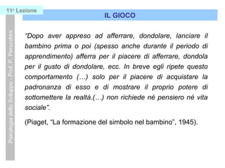 Psicologia dello Sviluppo - Prof. P. Perucchini

11a Lezione

IL GIOCO

Dopo aver appreso ad afferrare, dondolare, lanciare il
bambino prima o poi (spesso anche durante il periodo di
apprendimento) afferra per il piacere di afferrare, dondola
per il gusto di dondolare, ecc. In breve egli ripete questo
comportamento () solo per il piacere di acquistare la
padronanza di esso e di mostrare il proprio potere di
sottomettere la realt.() non richiede n pensiero n vita
sociale.
(Piaget, La formazione del simbolo nel bambino, 1945).

 