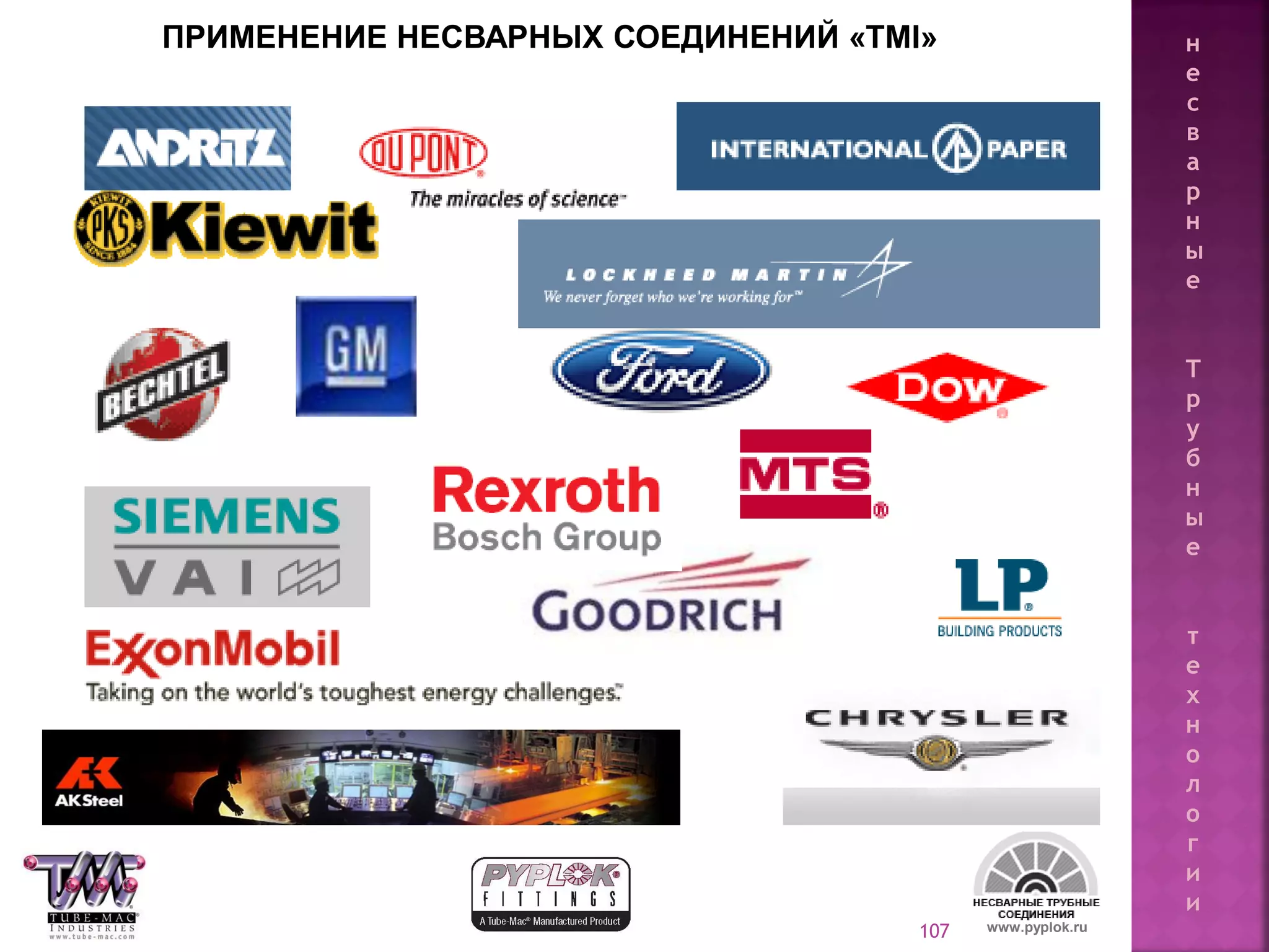 107 www.pyplok.ru
н
е
с
в
а
р
н
ы
е
Т
р
у
б
н
ы
е
т
е
х
н
о
л
о
г
и
и
ПРИМЕНЕНИЕ НЕСВАРНЫХ СОЕДИНЕНИЙ «TMI»
 