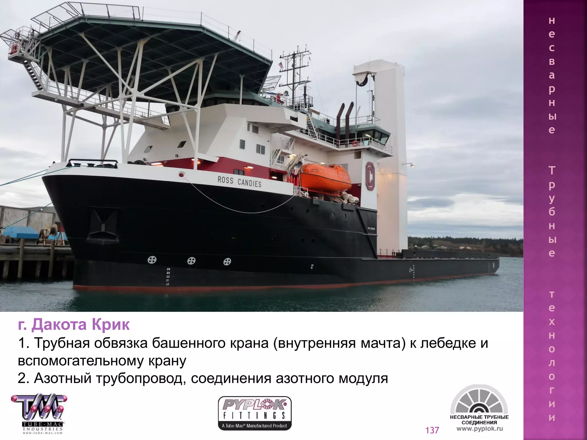 137
г. Дакота Крик
1. Трубная обвязка башенного крана (внутренняя мачта) к лебедке и
вспомогательному крану
2. Азотный трубопровод, соединения азотного модуля
www.pyplok.ru
н
е
с
в
а
р
н
ы
е
Т
р
у
б
н
ы
е
т
е
х
н
о
л
о
г
и
и
 