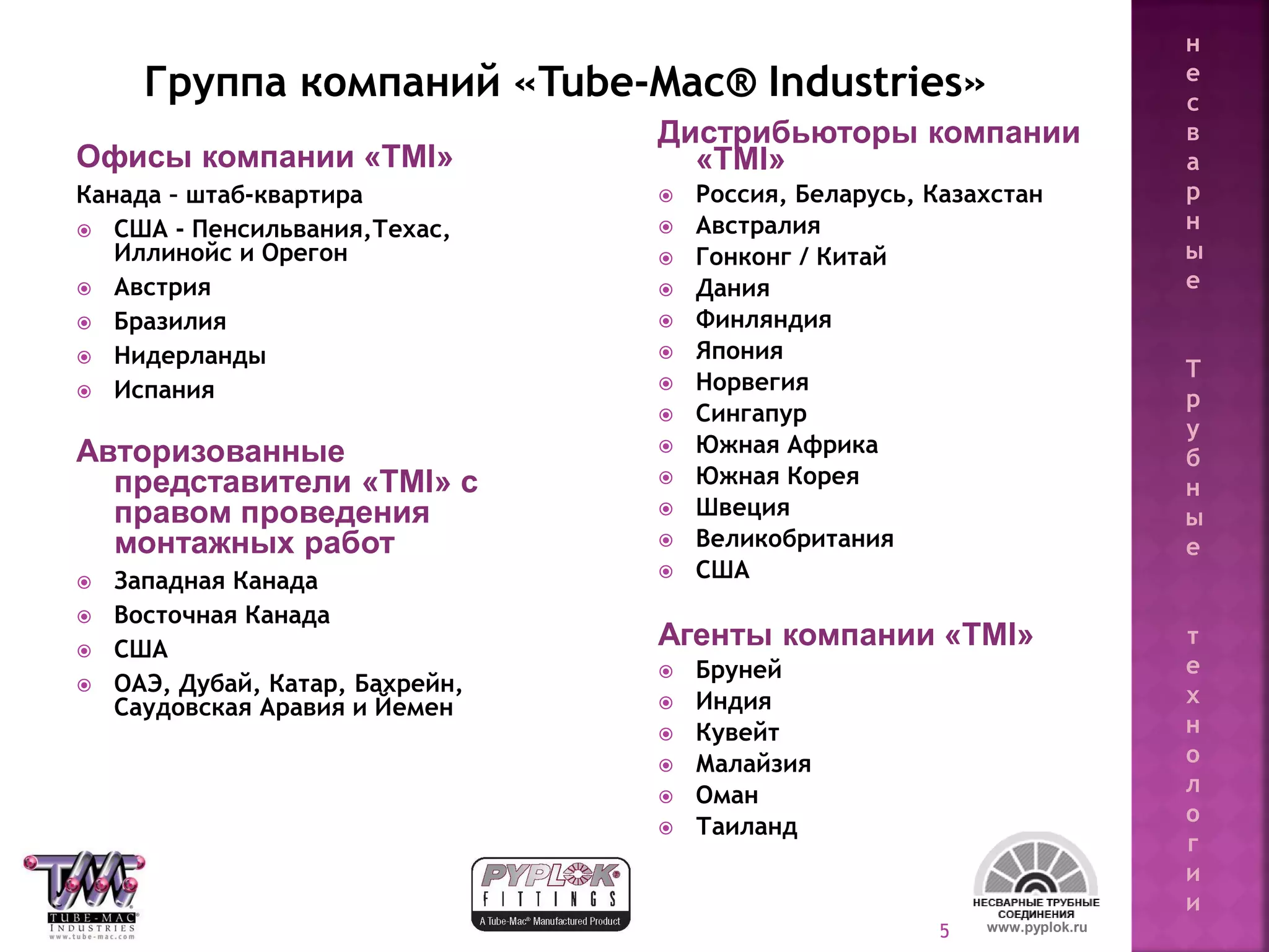 5
Группа компаний «Tube-Mac® Industries»
Офисы компании «TMI»
Канада – штаб-квартира
 США - Пенсильвания,Техас,
Иллинойс и Орегон
 Австрия
 Бразилия
 Нидерланды
 Испания
Авторизованные
представители «TMI» с
правом проведения
монтажных работ
 Западная Канада
 Восточная Канада
 США
 ОАЭ, Дубай, Катар, Бахрейн,
Саудовская Аравия и Йемен
Дистрибьюторы компании
«TMI»
 Россия, Беларусь, Казахстан
 Австралия
 Гонконг / Китай
 Дания
 Финляндия
 Япония
 Норвегия
 Сингапур
 Южная Африка
 Южная Корея
 Швеция
 Великобритания
 США
Агенты компании «TMI»
 Бруней
 Индия
 Кувейт
 Малайзия
 Оман
 Таиланд
www.pyplok.ru
н
е
с
в
а
р
н
ы
е
Т
р
у
б
н
ы
е
т
е
х
н
о
л
о
г
и
и
 