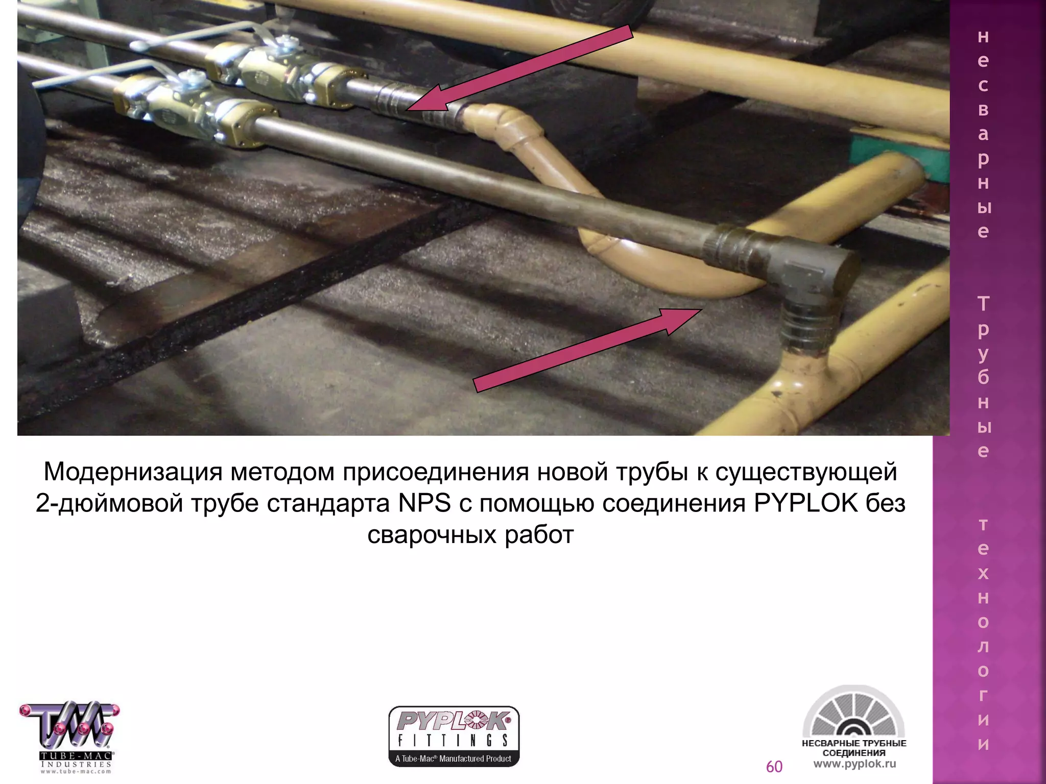 60 www.pyplok.ru
Модернизация методом присоединения новой трубы к существующей
2-дюймовой трубе стандарта NPS с помощью соединения PYPLOK без
сварочных работ
н
е
с
в
а
р
н
ы
е
Т
р
у
б
н
ы
е
т
е
х
н
о
л
о
г
и
и
 