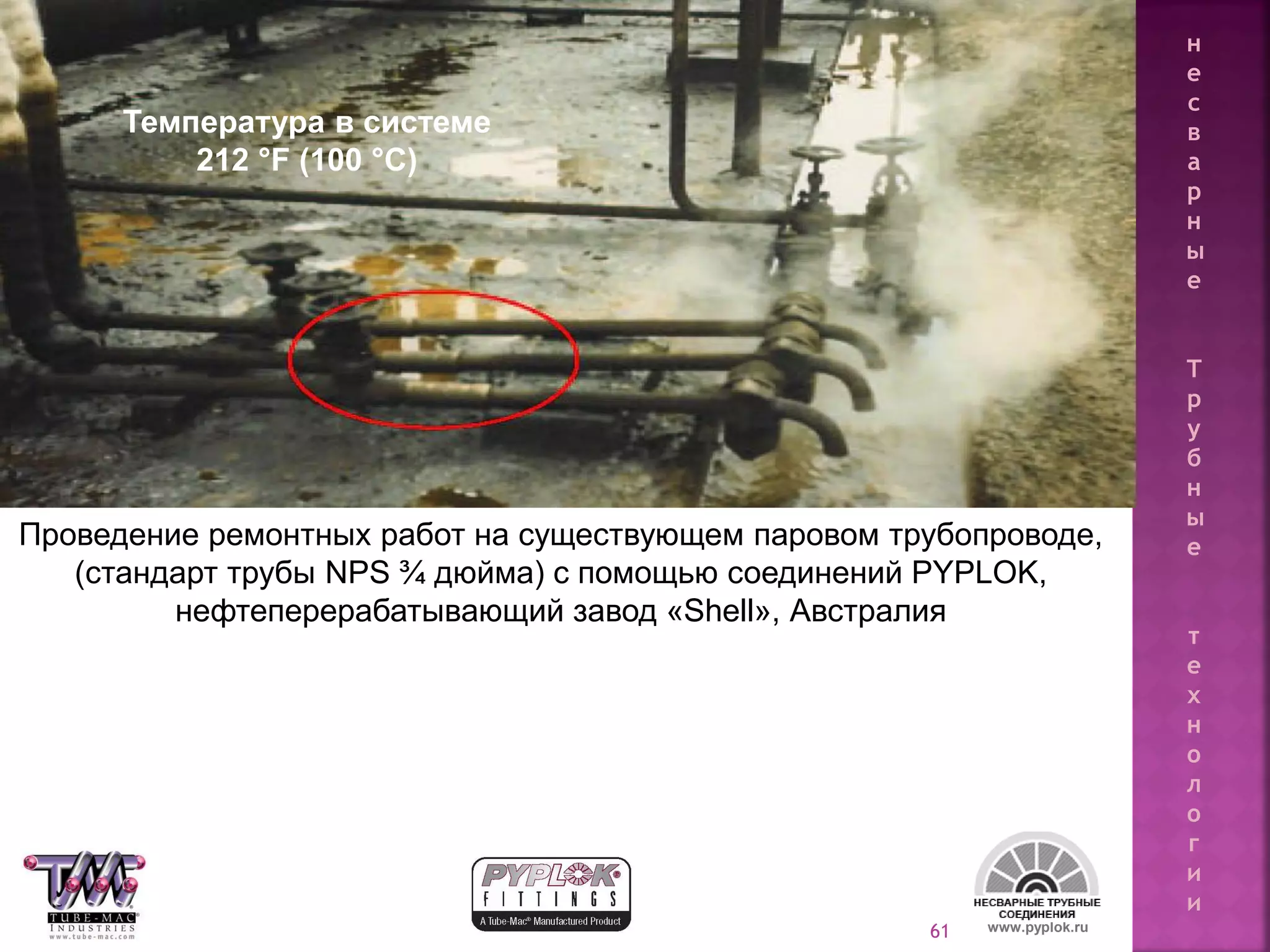 61
Проведение ремонтных работ на существующем паровом трубопроводе,
(стандарт трубы NPS ¾ дюйма) с помощью соединений PYPLOK,
нефтеперерабатывающий завод «Shell», Австралия
www.pyplok.ru
Температура в системе
212 °F (100 °C)
н
е
с
в
а
р
н
ы
е
Т
р
у
б
н
ы
е
т
е
х
н
о
л
о
г
и
и
 