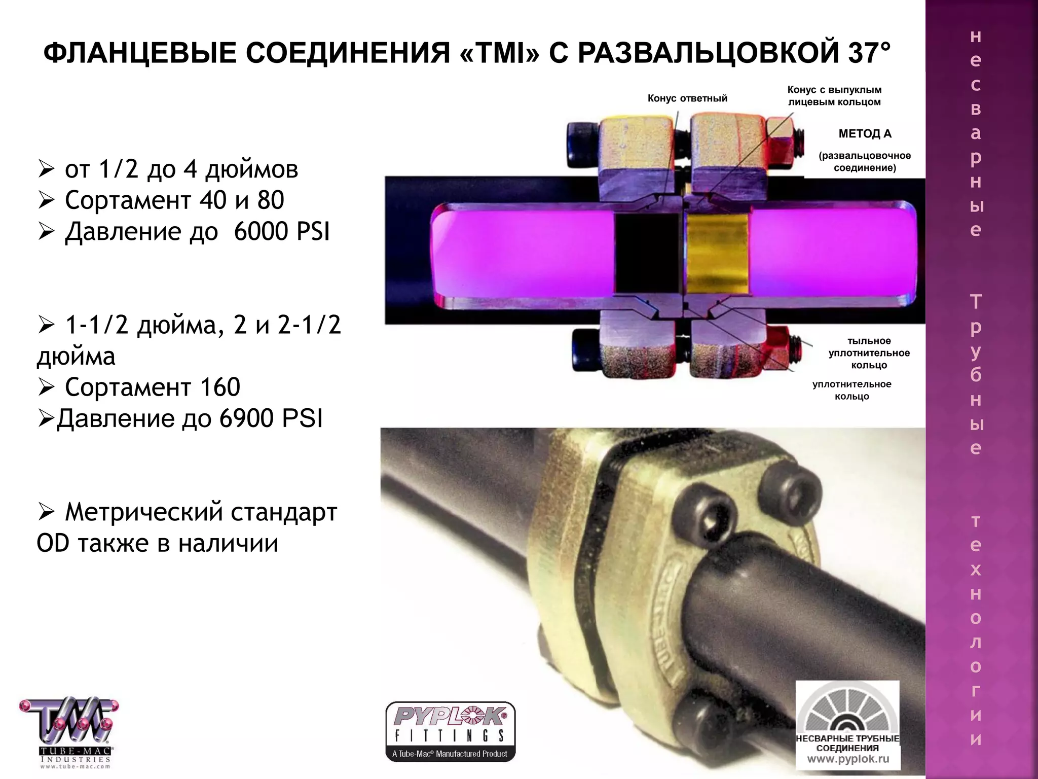 66
 от 1/2 до 4 дюймов
 Сортамент 40 и 80
 Давление до 6000 PSI
 1-1/2 дюйма, 2 и 2-1/2
дюйма
 Сортамент 160
Давление до 6900 PSI
 Метрический стандарт
OD также в наличии
ФЛАНЦЕВЫЕ СОЕДИНЕНИЯ «TMI» С РАЗВАЛЬЦОВКОЙ 37°
www.pyplok.ru
Конус с выпуклым
лицевым кольцомКонус ответный
уплотнительное
кольцо
тыльное
уплотнительное
кольцо
МЕТОД А
(развальцовочное
соединение)
н
е
с
в
а
р
н
ы
е
Т
р
у
б
н
ы
е
т
е
х
н
о
л
о
г
и
и
 