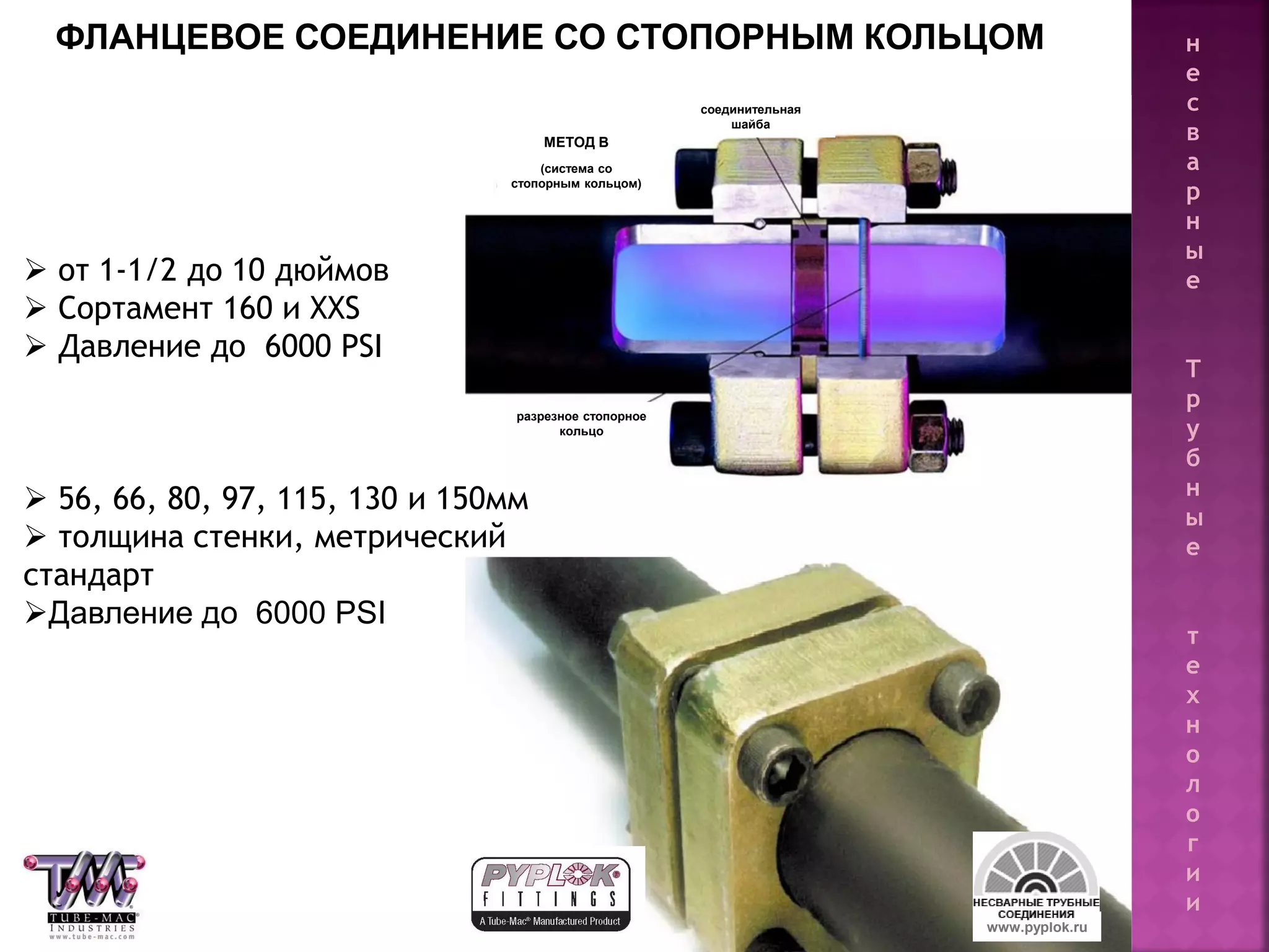 69
 от 1-1/2 до 10 дюймов
 Сортамент 160 и XXS
 Давление до 6000 PSI
 56, 66, 80, 97, 115, 130 и 150мм
 толщина стенки, метрический
стандарт
Давление до 6000 PSI
ФЛАНЦЕВОЕ СОЕДИНЕНИЕ СО СТОПОРНЫМ КОЛЬЦОМ
www.pyplok.ru
разрезное стопорное
кольцо
соединительная
шайба
МЕТОД В
(система со
стопорным кольцом)
н
е
с
в
а
р
н
ы
е
Т
р
у
б
н
ы
е
т
е
х
н
о
л
о
г
и
и
 