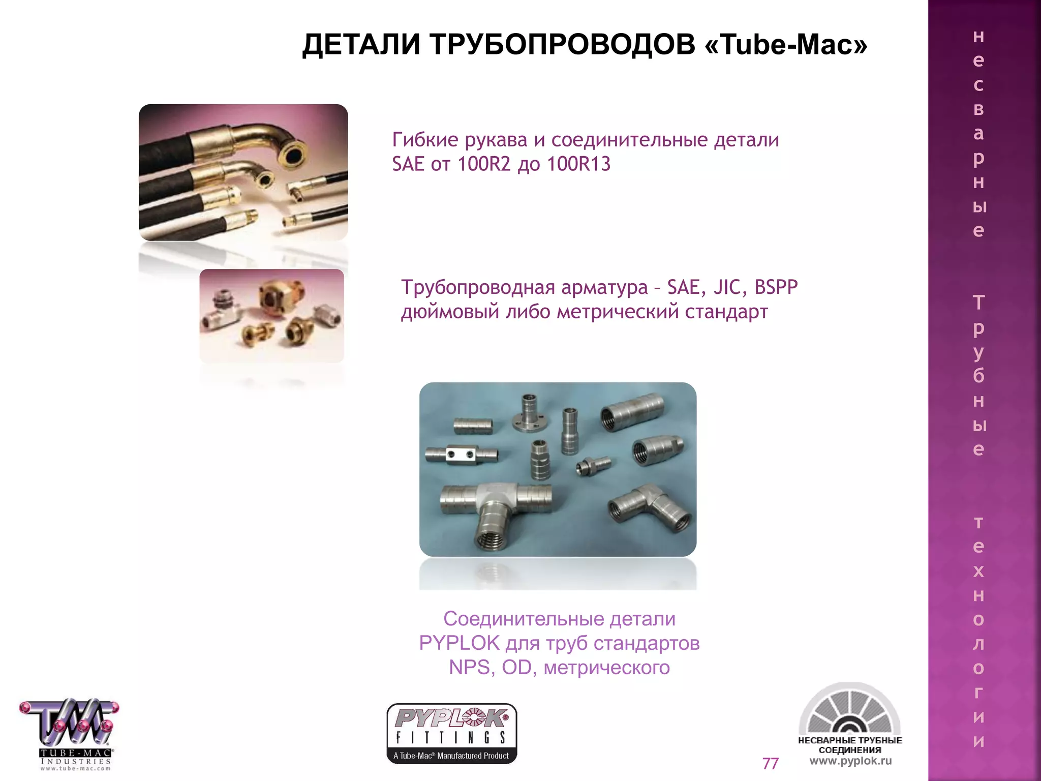 77
Гибкие рукава и соединительные детали
SAE от 100R2 до 100R13
Трубопроводная арматура – SAE, JIC, BSPP
дюймовый либо метрический стандарт
PYPLOK fittings for
NPS pipe, OD Tube and
Metric Tube
Соединительные детали
PYPLOK для труб стандартов
NPS, OD, метрического
www.pyplok.ru
ДЕТАЛИ ТРУБОПРОВОДОВ «Tube-Mac» н
е
с
в
а
р
н
ы
е
Т
р
у
б
н
ы
е
т
е
х
н
о
л
о
г
и
и
 