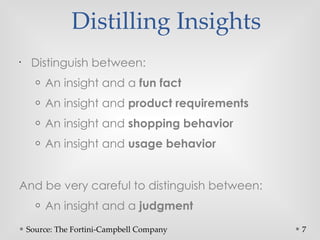 7
Distilling Insights
•
Distinguish between:
o An insight and a fun fact
o An insight and product requirements
o An insight and shopping behavior
o An insight and usage behavior
And be very careful to distinguish between:
o An insight and a judgment
Source: The Fortini-Campbell Company
 