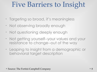 8
Five Barriers to Insight
•
Targeting so broad, it’s meaningless
•
Not observing broadly enough
•
Not questioning deeply enough
•
Not getting yourself--your values and your
resistance to change--out of the way
•
Leaping to insight from a demographic or
behavioral target description
Source: The Fortini-Campbell Company
 