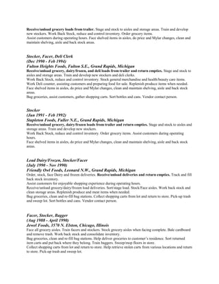 Receive/unload grocery loads from trailer. Stage and stock to aisles and storage areas. Train and develop
new stockers. Work Back Stock, reduce and control inventory. Order grocery items.
Assist customers during operating hours. Face shelved items in aisles, do price and Mylar changes, clean and
maintain shelving, aisle and back stock areas.
Stocker, Facer, Deli Clerk
(Dec 1990 - Feb 1994)
Fulton Heights Foods, Fulton S.E., Grand Rapids, Michigan
Receive/unload grocery, dairy/frozen, and deli loads from trailer and return empties. Stage and stock to
aisles and storage areas. Train and develop new stockers and deli clerks.
Work Back Stock, reduce and control inventory. Stock general merchandise and health/beauty care items.
Work Deli counter, assisting customers and preparing food for sale. Replenish produce items when needed.
Face shelved items in aisles, do price and Mylar changes, clean and maintain shelving, aisle and back stock
areas.
Bag groceries, assist customers, gather shopping carts. Sort bottles and cans. Vendor contact person.
Stocker
(Jun 1991 - Feb 1992)
Stapleton Foods, Fuller N.E., Grand Rapids, Michigan
Receive/unload grocery, dairy/frozen loads from trailer and return empties. Stage and stock to aisles and
storage areas. Train and develop new stockers.
Work Back Stock, reduce and control inventory. Order grocery items. Assist customers during operating
hours.
Face shelved items in aisles, do price and Mylar changes, clean and maintain shelving, aisle and back stock
areas.
Lead Dairy/Frozen, Stocker/Facer
(July 1990 - Nov 1990)
Friendly Owl Foods, Leonard N.W., Grand Rapids, Michigan
Order, stock, face Dairy and frozen deliveries. Receive/unload deliveries and return empties. Track and fill
back stock inventory.
Assist customers for enjoyable shopping experience during operating hours.
Receive/unload grocery/dairy/frozen load deliveries. Sort/stage load. Stock/Face aisles. Work back stock and
clean storage areas. Replenish produce and meat items when needed.
Bag groceries, clean and re-fill bag stations. Collect shopping carts from lot and return to store. Pick-up trash
and sweep lot. Sort bottles and cans. Vendor contact person.
Facer, Stocker, Bagger
(Aug 1988 - April 1990)
Jewel Foods, 3570 N. Elston, Chicago, Illinois
Face all grocery aisles. Train facers and stockers. Stock grocery aisles when facing complete. Bale cardboard
and remove trash. Work back stock and consolidate inventory.
Bag groceries, clean and re-fill bag stations. Help deliver groceries to customer’s residence. Sort returned
item carts and put back where they belong. Train baggers. Sweep/mop floors in store.
Collect shopping carts from lot and return to store. Help retrieve stolen carts from various locations and return
to store. Pick-up trash and sweep lot.
 