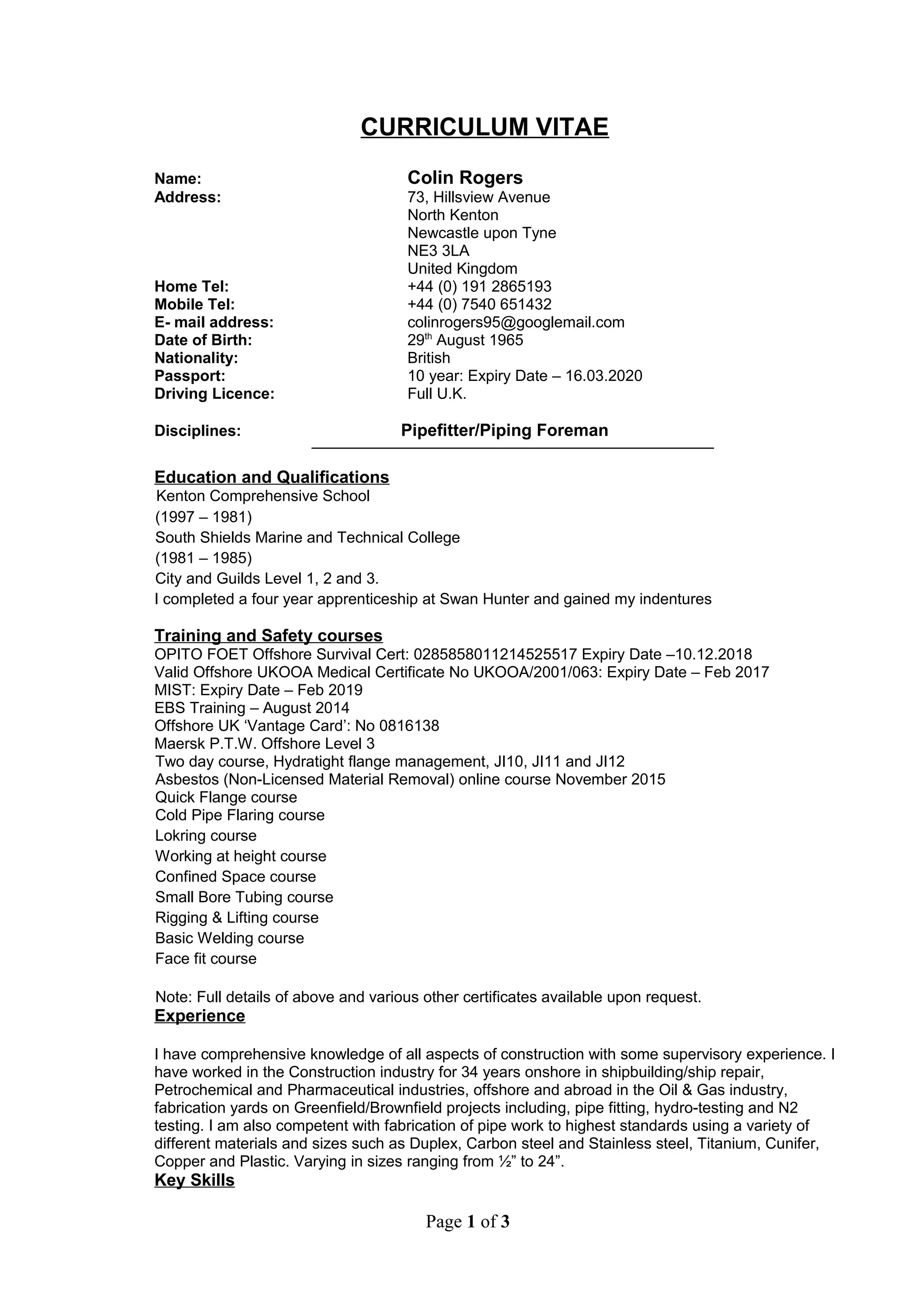 Colin Rogers CV, January, 2016 | DOC