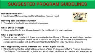 SUGGESTED PROGRAM GUIDELINES
How often do we meet?
 Mentors and Mentees may meet for at least one hour per month
How long does the relationship last?
 The relationship should be maintained for one year
Where should we meet?
 It is up to the Mentor and Mentee to decide the best location to have meetings
What is expected of me?
 We ask for your commitment. If your are matched with a Mentor or Mentee, we ask that you maintain
communication with your partner for the duration of the program. We also ask that you maintain
periodic communication with the Program Coordinator to let him know how things are going
What happens if my Mentor or Mentee and I are not a good match?
 If the Mentor or Mentee feels that the pair is not a “good fit”, they can notify the Program Coordinator.
The Program Coordinator will begin steps to rematch both the Mentor and Mentee with a new partner
 