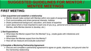 SUGGESTED GUIDELINES FOR MENTOR /
MENTEE MEETINGS
FIRST MEETING:
 Get acquainted and establish a relationship
 Mentor should make contact with Mentee within one week of assignment
 Find commonalities and share personal interests, hobbies
 Share professional background, education, and areas of expertise
 Learn about what is most important to each one of you (e.g., personal and professional goals of
Mentee, skills Mentee desires to develop, etc.)
 Set Expectations
 What does the Mentor expect from the Mentee? (e.g., create goals with milestones and
deliverables)
 What does the Mentee expect from the Mentor?
 How will we measure and evaluate outcomes?
 Complete a Mentoring Partnership Agreement
 Discuss and complete a partnership agreement to agree on goals, objectives, and ground rules for
the mentorship relationship
 