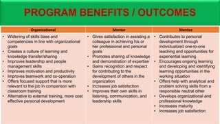 PROGRAM BENEFITS / OUTCOMES
Organizational Mentor Mentee
• Widening of skills base and
competencies in line with organizational
goals
• Creates a culture of learning and
knowledge transfer/sharing
• Improves leadership and people
management skills
• Improves motivation and productivity
• Improves teamwork and co-operation
• Offers focused support that is more
relevant to the job in comparison with
classroom training
• Alternative to external training, more cost
effective personal development
• Gives satisfaction in assisting a
colleague in achieving his or
her professional and personal
goals
• Promotes sharing of knowledge
and demonstration of expertise
• Gains recognition and respect
for contributing to the
development of others in the
organization
• Increases job satisfaction
• Improves their own skills in
listening, communication, and
leadership skills
• Contributes to personal
development through
individualized one-to-one
teaching and opportunities for
experiential learning
• Encourages ongoing learning
and developing and identifying
learning opportunities in the
working situation
• Offers help with analytical and
problem solving skills from a
responsible neutral other
• Develops organizational and
professional knowledge
• Increases maturity
• Increases job satisfaction
 