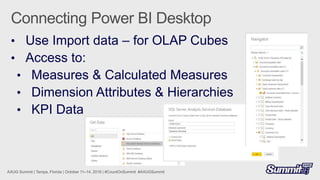 • Use Import data – for OLAP Cubes
• Access to:
• Measures & Calculated Measures
• Dimension Attributes & Hierarchies
• KPI Data
 