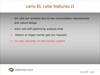 H
C
S O
N
date: April 2008 page 25
vario EL cube features II
low cost per analysis due to low consumables requirements
and robust design
short and self-optimizing analysis time
Helium or Argon carrier gas (on request)
10 year warranty on the furnace system
 