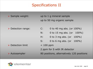 H
C
S O
N
date: April 2008 page 28
Specifications II
Sample weight: up to 1 g mineral sample
up to 50 mg organic sample
Detection range: C: 0 to 40 mg abs. (or 100%)
N: 0 to 15 mg abs. (or 100%)
H: 0 to 3 mg abs. (or 100%)
S: 0 to 6 mg abs. (or 100%)
Detection limit < 100 ppm
2 ppm for S with IR detector
Autosampler 80 positions, alternatively 120 positions
 