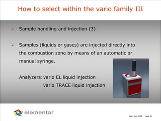 H
C
S O
N
date: April 2008 page 36
How to select within the vario family III
Sample handling and injection (3)
Samples (liquids or gases) are injected directly into
the combustion zone by means of an automatic or
manual syringe.
Analyzers:vario EL liquid injection
vario TRACE liquid injection
 