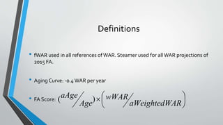 Definitions
• fWAR used in all references ofWAR. Steamer used for allWAR projections of
2015 FA.
• Aging Curve: -0.4WAR per year
• FA Score: 




ARaWeightedW
wWAR
Age
aAge )(
 