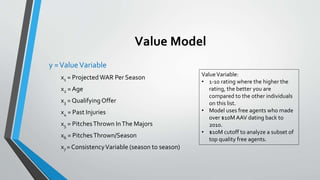 Value Model
y =ValueVariable
x1 = Projected WAR Per Season
x2 = Age
x3 = QualifyingOffer
x4 = Past Injuries
x5 = PitchesThrown InThe Majors
x6 = PitchesThrown/Season
x7 = ConsistencyVariable (season to season)
ValueVariable:
• 1-10 rating where the higher the
rating, the better you are
compared to the other individuals
on this list.
• Model uses free agents who made
over $10M AAV dating back to
2010.
• $10M cutoff to analyze a subset of
top quality free agents.
 