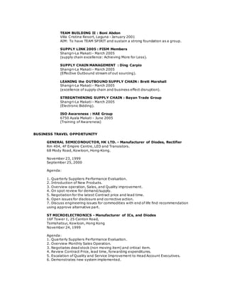 TEAM BUILDING II : Boni Abdon
Villa Cristina Resort, Laguna - January 2001
AIM: To have TEAM SPIRIT and sustain a strong foundation as a group.
SUPPLY LINK 2005 : PISM Members
Shangri-La Makati - March 2005
(supply chain excellence: Achieving More for Less).
SUPPLY CHAIN MANAGEMENT : Ding Carpio
Shangri-La Makati - March 2005
(Effective Outbound stream of out sourcing).
LEANING the OUTBOUND SUPPLY CHAIN : Brett Marshall
Shangri-La Makati - March 2005
(excellence of supply chain and business effect disruption).
STREGNTHENING SUPPLY CHAIN : Bayan Trade Group
Shangri-La Makati - March 2005
(Electronic Bidding).
ISO Awareness : HAE Group
6750 Ayala Makati - June 2005
(Training of Awareness)
BUSINESS TRAVEL OPPORTUNITY
GENERAL SEMICONDUCTOR, HK LTD. - Manufacturer of Diodes, Rectifier
Rm 404, 4F Empire Centre, LED and Transistors.
68 Mody Road, Kowloon, Hong-Kong.
November 23, 1999
September 25, 2000
Agenda:
1. Quarterly Suppliers Performance Evaluation.
2. Introduction of New Products.
3. Overview operation, Sales, and Quality improvement.
4. On spot review for demand/supply.
5. Negotiation for the latest Contract price and lead time.
6. Open issues for disclosure and corrective action.
7. Discuss engineering issues for commodities with end of life find recommendation
using approve alternative part.
ST MICROELECTRONICS - Manufacturer of ICs, and Diodes
16F Tower 1, 25 Canton Road,
Tsimshatsui, Kowloon, Hong Kong
November 24, 1999
Agenda:
1. Quarterly Suppliers Performance Evaluation.
2. Overview Monthly Sales Operation.
3. Negotiates dead stock (non moving item) and critical item.
4. Review Contract Price, lead time, forwarding expenditures.
5. Escalation of Quality and Service Improvement to Head Account Executives.
6. Demonstrates new system implemented.
 