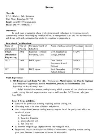 Resume
Shivalik
V.P.O. Bilaheri, Teh. Kotkasim
Dist. Alwar, Rajasthan-301702
Email: shivalik17891@gmail.com
Phone: (M) +918058538553
Objectives:
To work in an organization where professionalism and enthusiasm is recognized to work
continuously towards increasing my technical as well as management skills and use my analytical
and design skills and engineering knowledge to contribute to organization.
Educational Qualifications:
Name of
exam /course
Year of
Passing
University/Board of
Education
Name of college/school Percentage Division
B.Tech.
(Mechanical
Engineering)
2012 Rajasthan Technical
University, Kota
Govt. Engineering
college, Bikaner
67.29% I
10+2 2008 BSER Ajmer Govt. Senior
Secondary School,
Bibirani
80.00% I
10th 2006 BSER Ajmar Govt. Secondary
School, Bilaheri
87.00% I
Work Experience:
1. M/S Balaji Autotech India Pvt. Ltd. – Working as a Maintenance cum Quality Engineer
in all three major departments named Production, Quality and Maintenance from
September 2014 to till now(1 Year).
Balaji Autotech is a powder coating industry which provides all kind of solution to the
powder coating jobs and its pretreatment process and located at IMT Manesar , Gurgaon
from 2013.
Roles & Responsibilities:
● Carry out the production planning regarding powder coating jobs.
● Allocating work to the team of helpers and painters.
● After completion of powder coating process carry out the all the quality tests which are
mentioned below:
a. Impact test
b. Bend test if feasible
c. Cross adhesion test
d. Salt spray test
● To maintain the point-age of pretreatment line on regular basis.
● Prepare and execute the schedule of all kind of maintenance regarding powder coating
guns, oven, burners, compressors, booth and its accessories.
 
