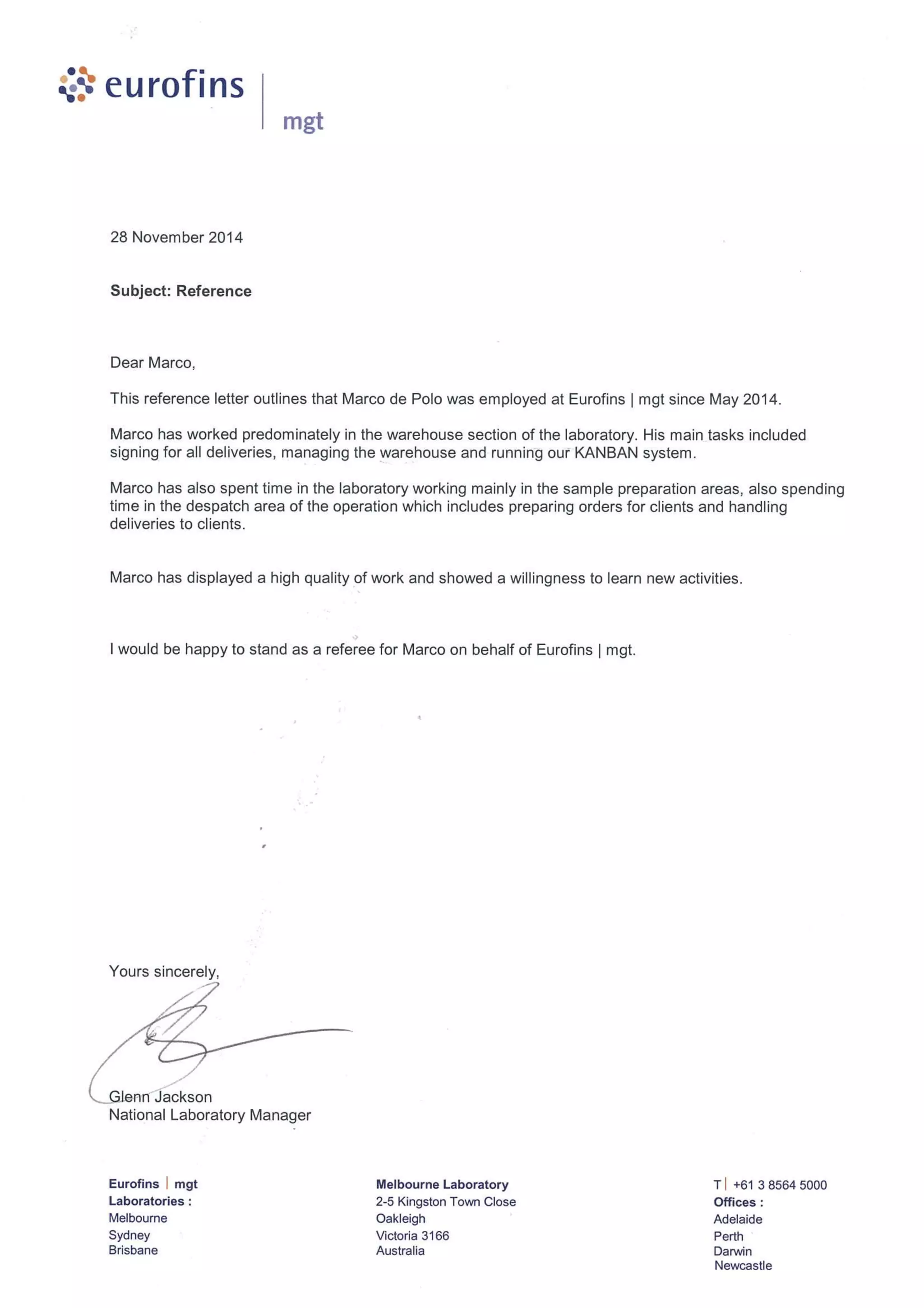 Lab Reference Letter letter of reference of Eurofins (laboratory manager). | PDF