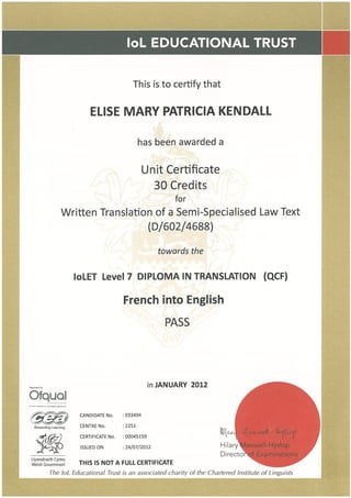 Elise Kendall IOL Unit 3 Certificate